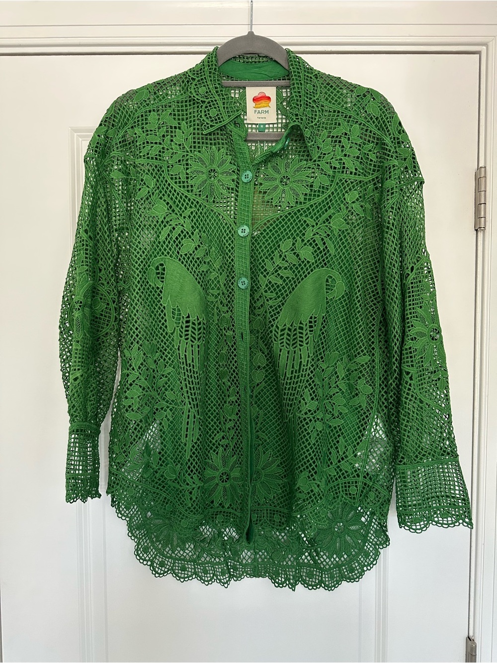 Farm Rio Emerald Guipure Green Landscape Lace Button-Down Shirt - Picture 2 of 5